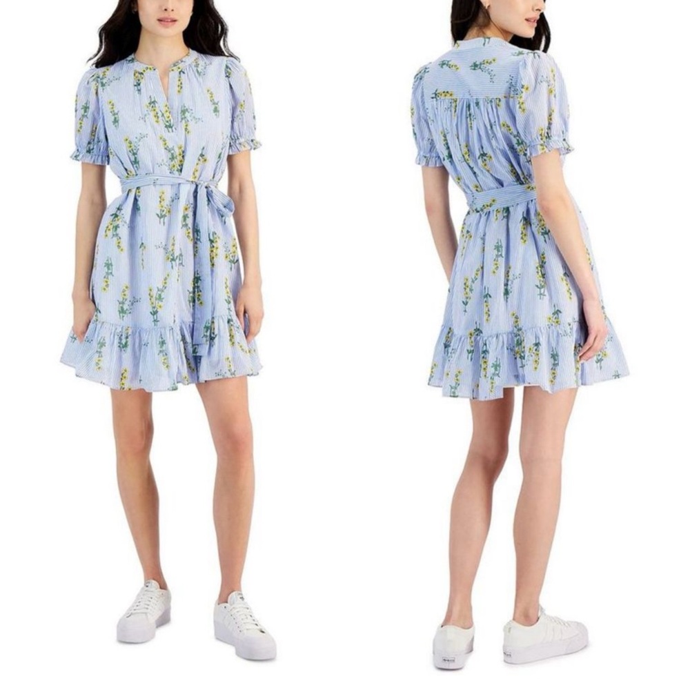 NWT Nautica 100% Cotton Floral-Stripe Print Tie-Waist Dress - Picture 2 of 6